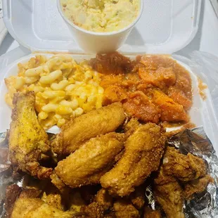 Honey lemon pepper  and og fried wings, Mac &amp; cheese , yams and potato salad.