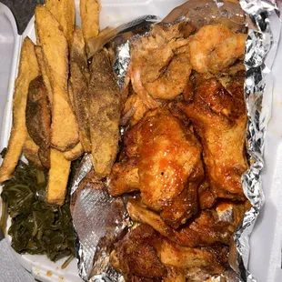 3. Wings, OG 11. Fries, 3. Collard Greens, shrimp
