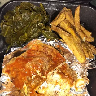 fried salmon greens and fries with hot sauce of course lol