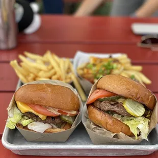 Cheeseburger x2, Fries, and Chili Cheese Fries
