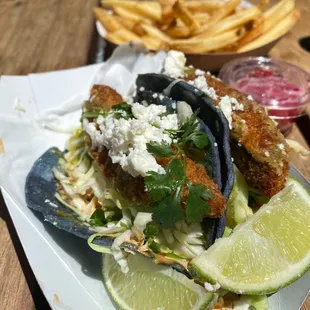 Fried Avocado tacos - slightly spicy cilantro sauce