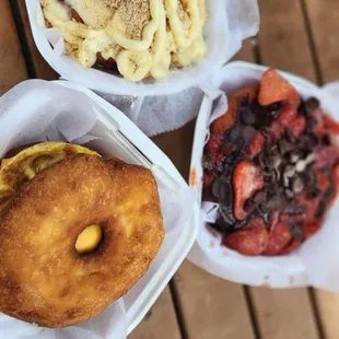 Banana pudding, strawberry with chocolate, and bacon with egg donuts. So amazing!