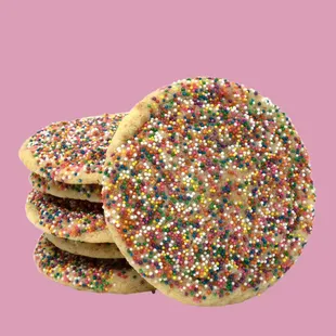 Celebration Cookie! Cake batter dough with a caramelized white chocolate center and topped with nonpareils.