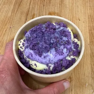Ube trifle with chiffon sponge, jackfruit coconut soak, vanilla custard, and ube cream.