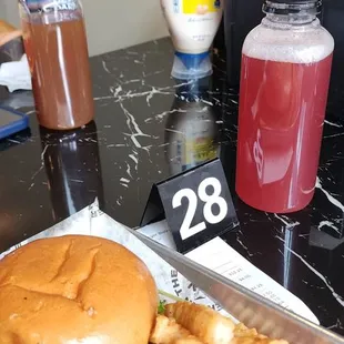 The juices fru ch punch red and sweet tea the brown one