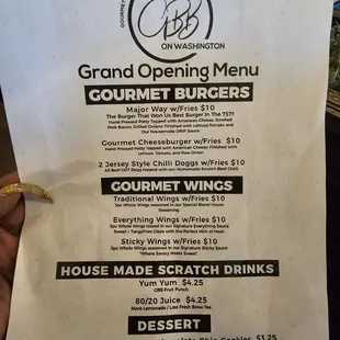 Grand Opening menu