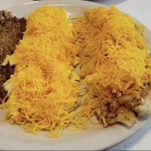 Goetta Cheesey Eggs, potatoes w/cheese