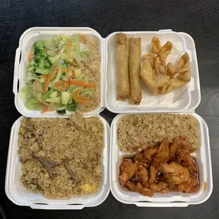 Beef Fried Rice Vegetable Delight Orange chicken Egg rolls Cheese wonton