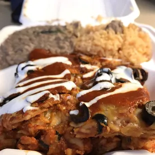I definitely recommend the Enchilada Casserole with rice and beans. Very good!