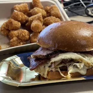 a sandwich and tater tots