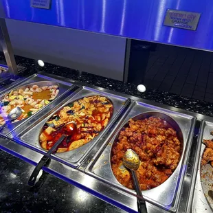 Shrimp stir fry, spicy pork tofu, orange chicken