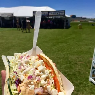Chicken kabob Gyro with the "Works' as we say back east. VERRY refreshing option at a festival. Head towards the food trucks!