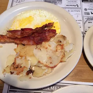 Bacon, eggs, and hash browns