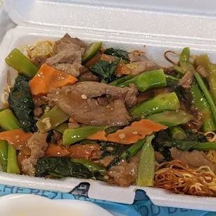 Chinese broccoli and beef with pan fried noodles