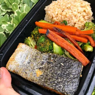 Salmon mixed veggies and brown rice soooo moist