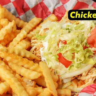 a chicken gyro sandwich and french fries