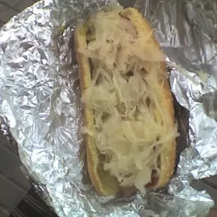 turkey dog, kraut, onion, ketchup, mustard... delish