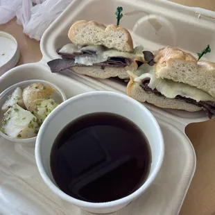 Monday Special for June - beef dip sandwich with au jus, small side of potato salad, drink included