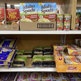 a variety of foods on shelves