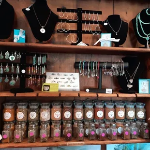 Locally made spices and local handmade jewelry.