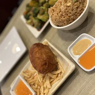 Chicken eggroll, fried rice, beef &amp; Broccoli Beef