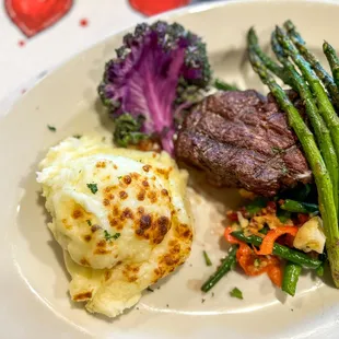 Rib Eye Steak, Veggies and Mashed Potatoes Valentines Special