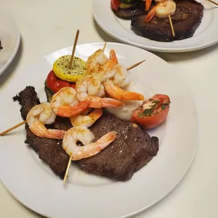 Steak Grilled Shrimps Garlic Mashed  Vegetable Stack