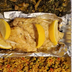 Sauteed Kale,  Lemon Butter  Sauce w/ Catfish,  Curried Rice