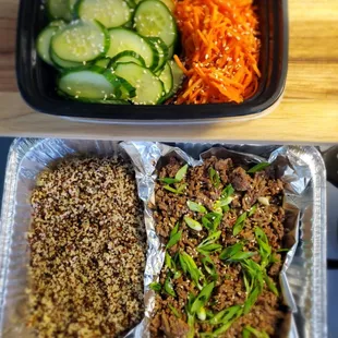 Deconstructed Korean Beef Bowl,  Quinoa,  Shredded Carrots, Cucumber