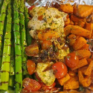 Balsamic Drizzle Roasted Asparagus,  Skillet Chicken, Roasted Sweet Potatoes