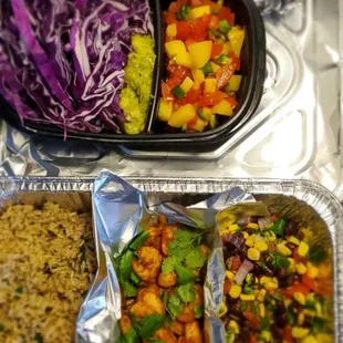 Deconstructed Spicy Shrimp Taco, Black Bean Salas, Cilantrno-Lime Rice