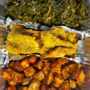 Southern Collard Greens,  Spicy Oven Fried Catfish,  Crispy Roasted Sweet Potatoes
