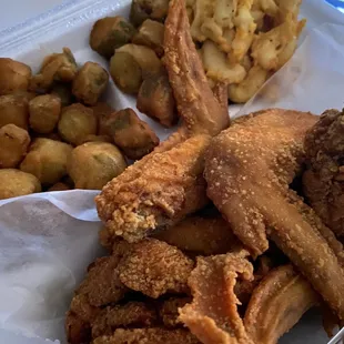 Chicken wings, fried okra, Mac n cheese