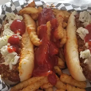 2 hotdogs  all the way with fries. PRICELESS