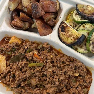 Picadillo ground beef, rosemary potatoes and grilled vegetables