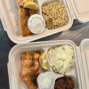 Grilled Salmon with mashed potatoes and plantains