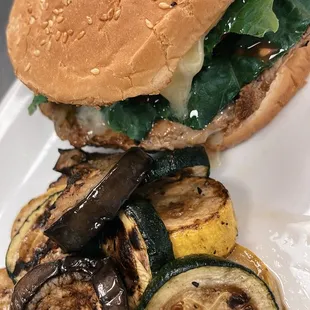 Homemade Turkey burger with side of grilled vegetables