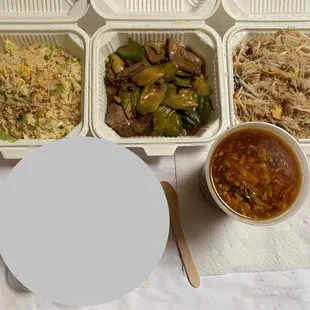 Salted fish &amp; chicken fried rice, bitter melon w/ beef (usually with spareribs), 3 meat rice noodles (not on menu), hot &amp; sour soup.