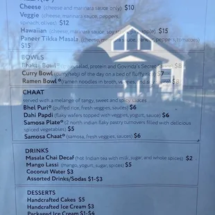 a menu for the restaurant