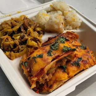 a meal in a styrofoam container