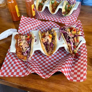 Blackened fish tacos and Al pastor tacos