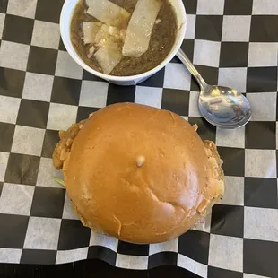 The onion soup and fried pork sandwich. Yummy