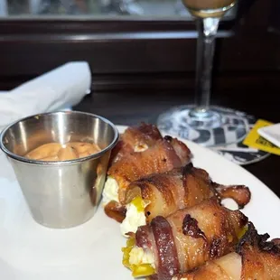 Bacon wrapped pepperoncini stuffed w/ goat cheese