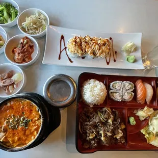 Beef Bulgogi Bento Box Lunch Special, Spicy Spicy Soft Tofu Soup, Dynamite Roll