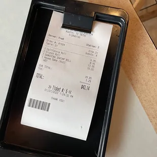  receipt on a tray