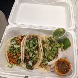 3 Taco chicken, steak and Pork .