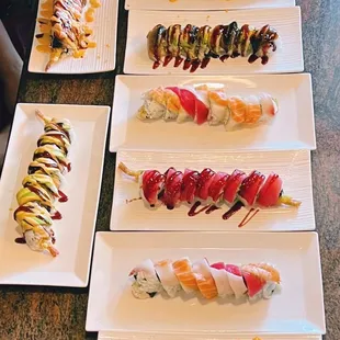Rainbow Rolls, Dragon Roll, OMG Roll, Tiger Roll, Tornado Roll, Hawaii Roll YUMMY!
