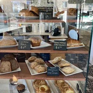 a display of baked goods in a bakery