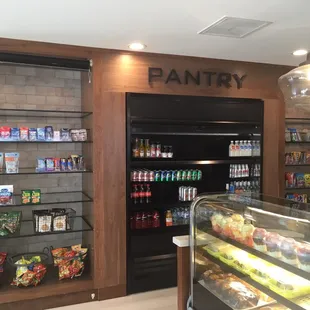 a display of drinks and snacks