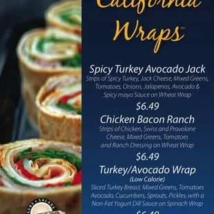 a menu for california wraps